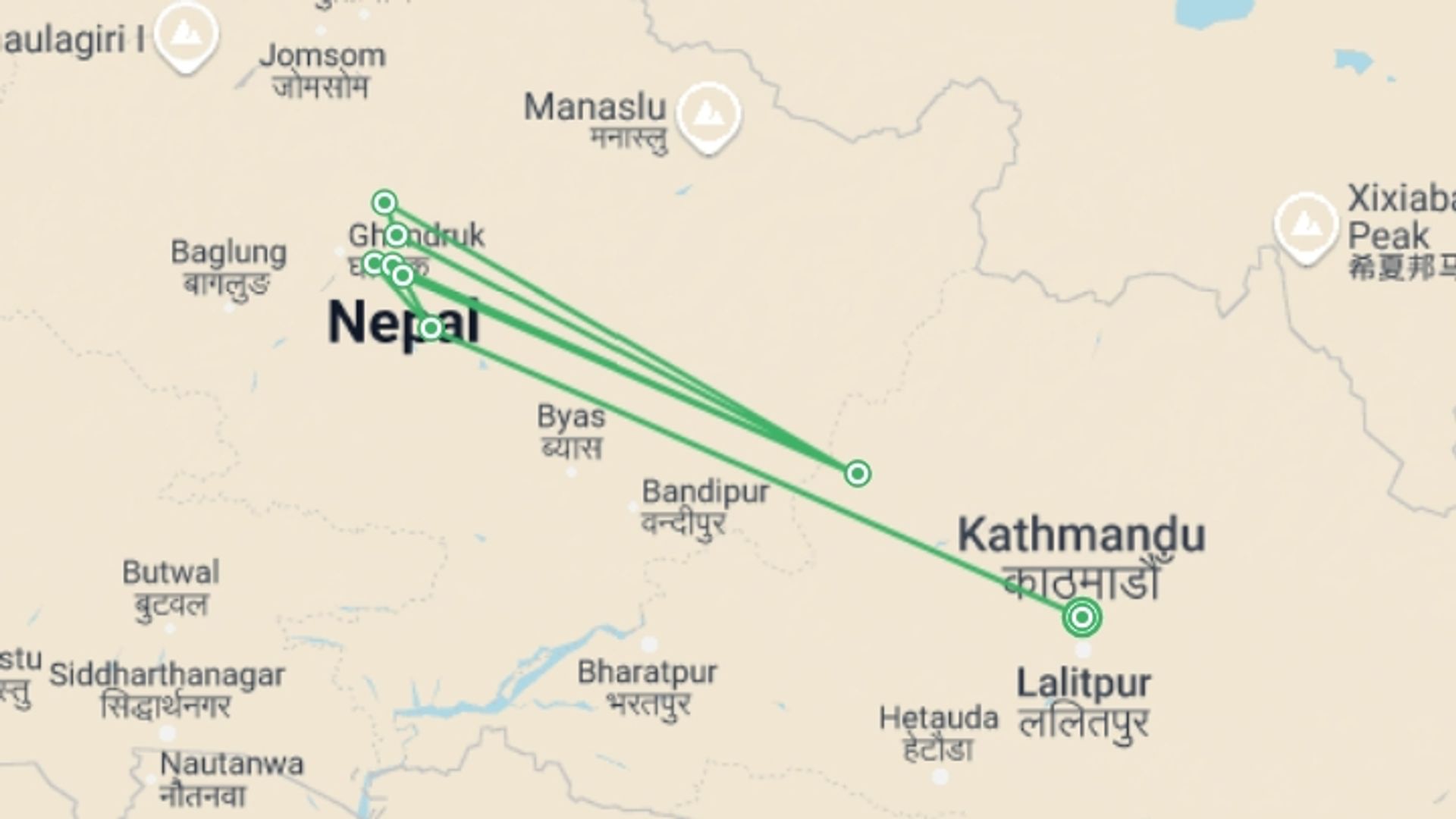 A map showing the tour itinerary for the trip: Mardi Himal Trek: Thirteen Days, starting in Kathmandu, Nepal and ending in Kathmandu, Nepal going through 8 other destinations.
