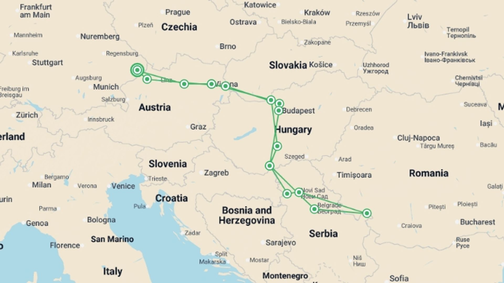 A map showing the tour itinerary for the trip: Danube to the Iron Gates Bike and Boat, starting in Passau, Germany and ending in Passau, Germany going through 11 other destinations.