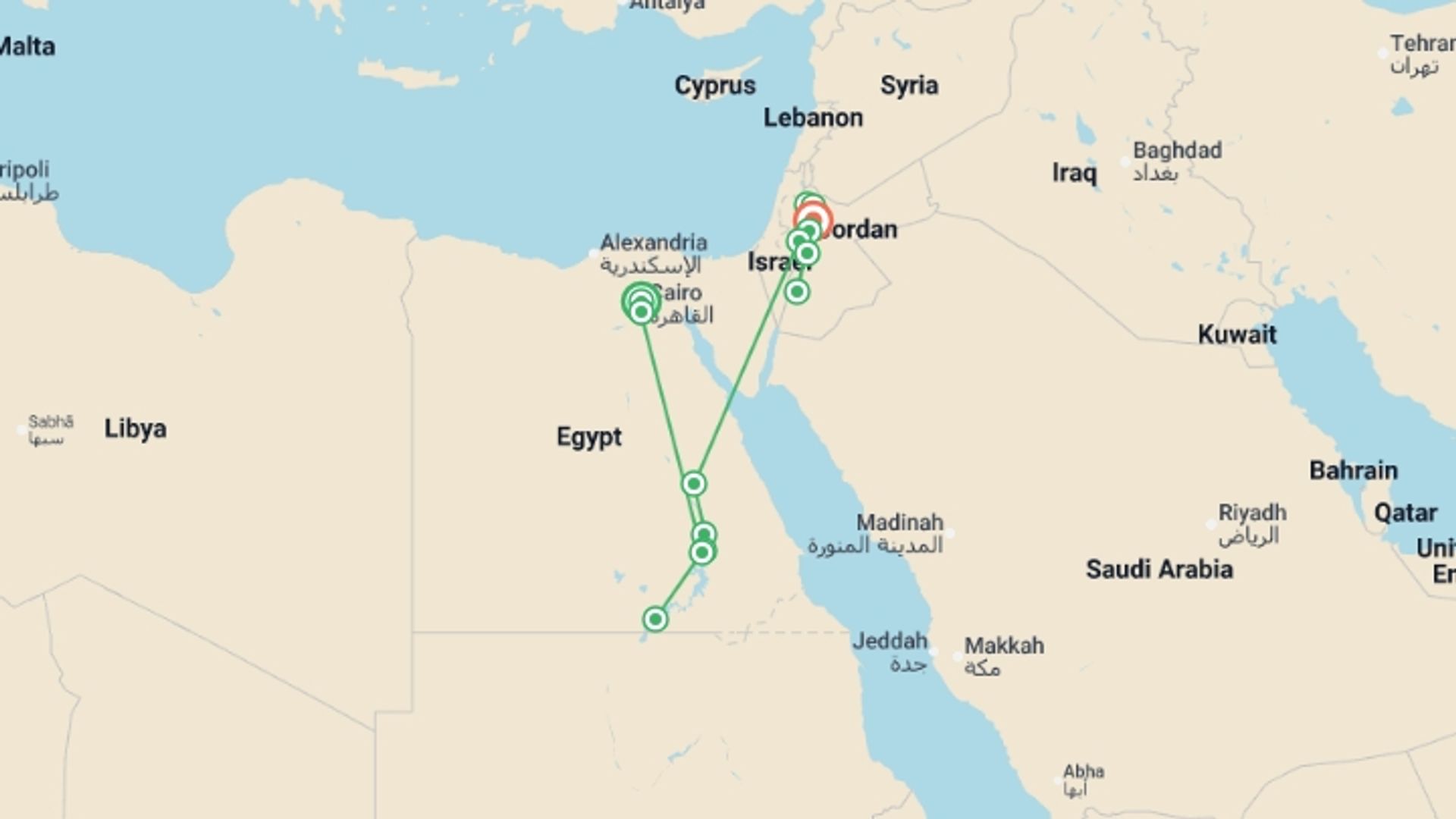 A map showing the tour itinerary for the trip: Cairo to Amman (5 Star) - 15 days, starting in Cairo, Egypt and ending in Amman, Jordan going through 7 other destinations.