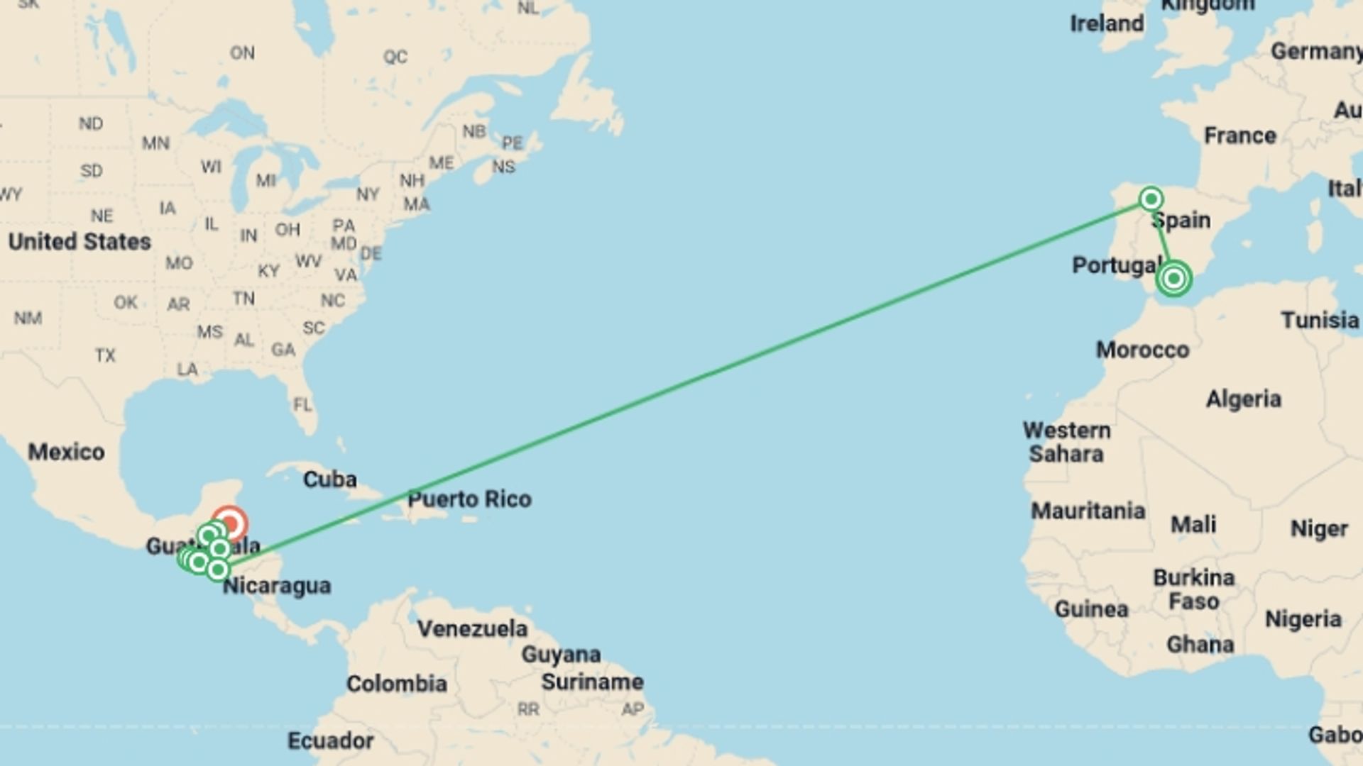 A map showing the tour itinerary for the trip: Nicaragua to Belize Discovery, starting in Granada, Spain and ending in Caye Caulker, Belize going through 9 other destinations.