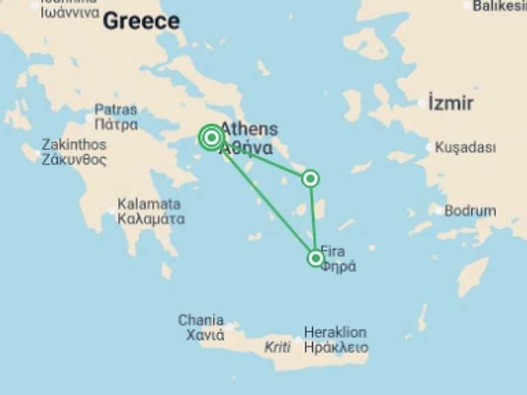 Map of Greece Natural landmarks sightseeing Tour with 3 destination visits for the trip: Greek Island Hopper