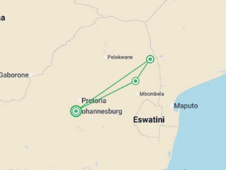 Map of Johannesburg Wildlife Tour with 3 destination visits for the trip: Kruger Safari Highlights - Premium Adventure