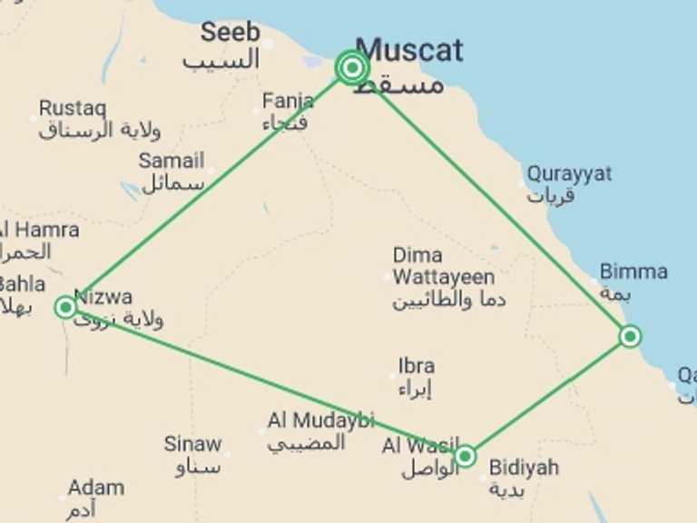 Map of Oman Tour with 4 destination visits for the trip: Premium Oman Discovery Tour