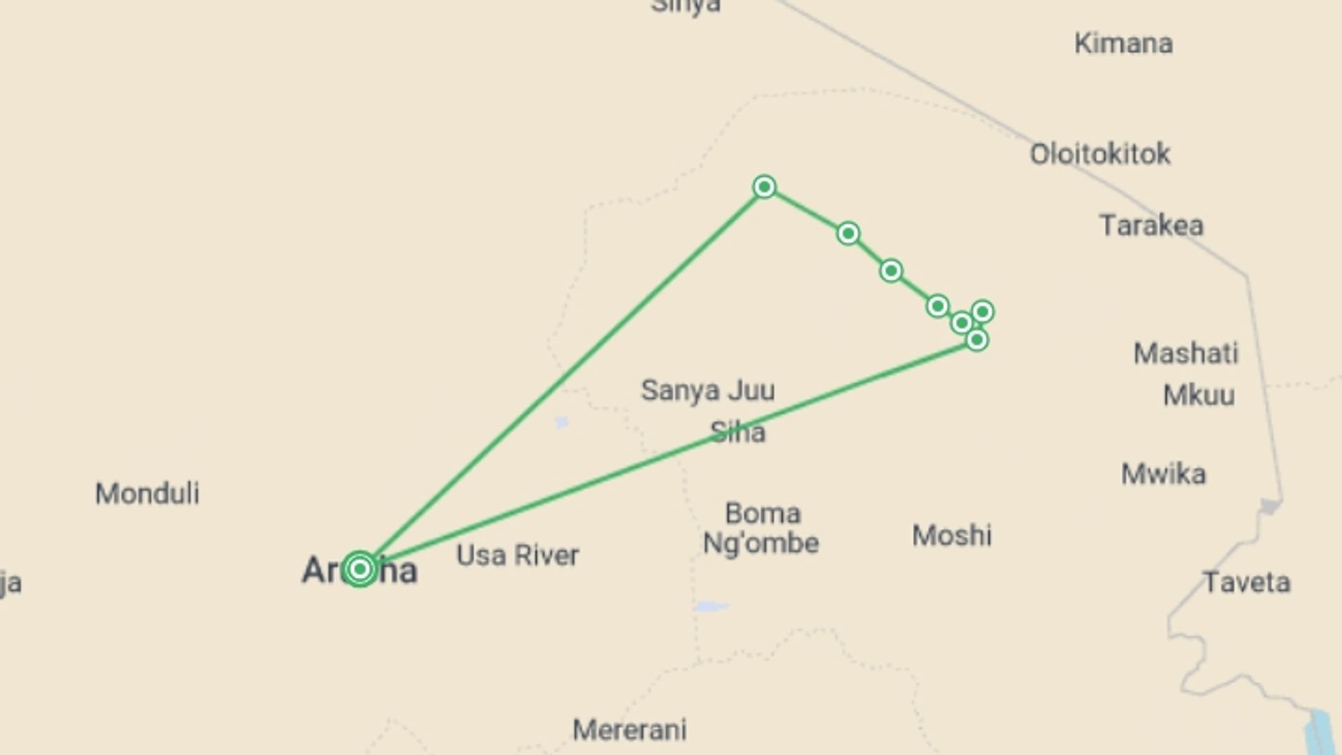 A map showing the tour itinerary for the trip: Kilimanjaro Climb - Lemosho Route, starting in Arusha, Tanzania and ending in Arusha, Tanzania going through 7 other destinations.