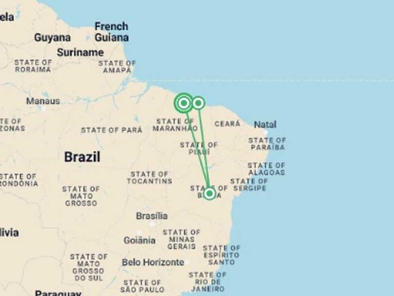 Map of a National parks Tour with 4 destination visits for the trip: Lençóis Maranhenses Experience