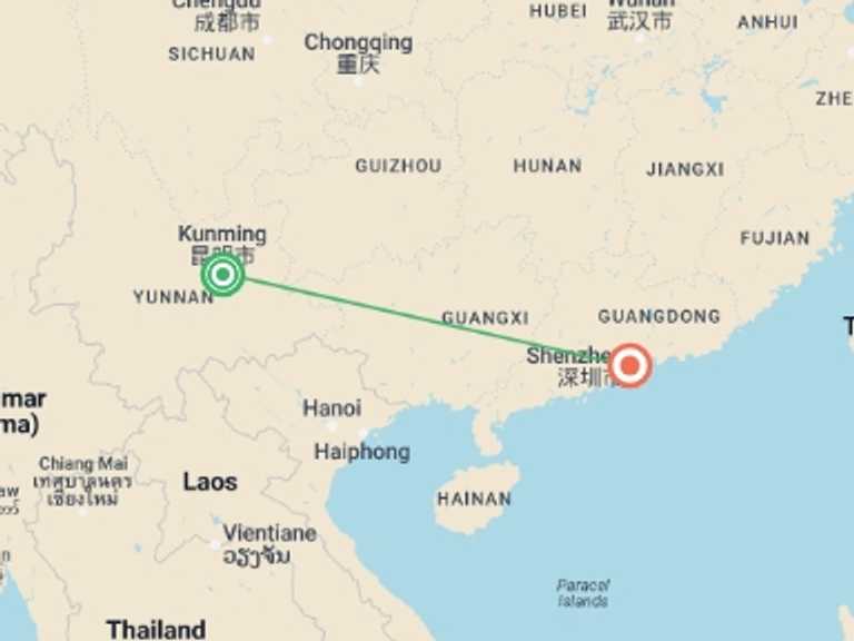 Map itinerary of Kunming Tour in October 2025 with 2 destination visits for the trip: South China Luxury Golf Tour: Spring City & Mission Hills Shenzhen