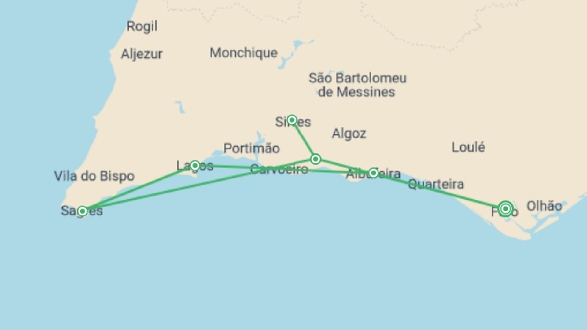 A map showing the tour itinerary for the trip: Highlights of the Algarve - 8 days, starting in Faro, Portugal and ending in Faro, Portugal going through 2 other destinations.