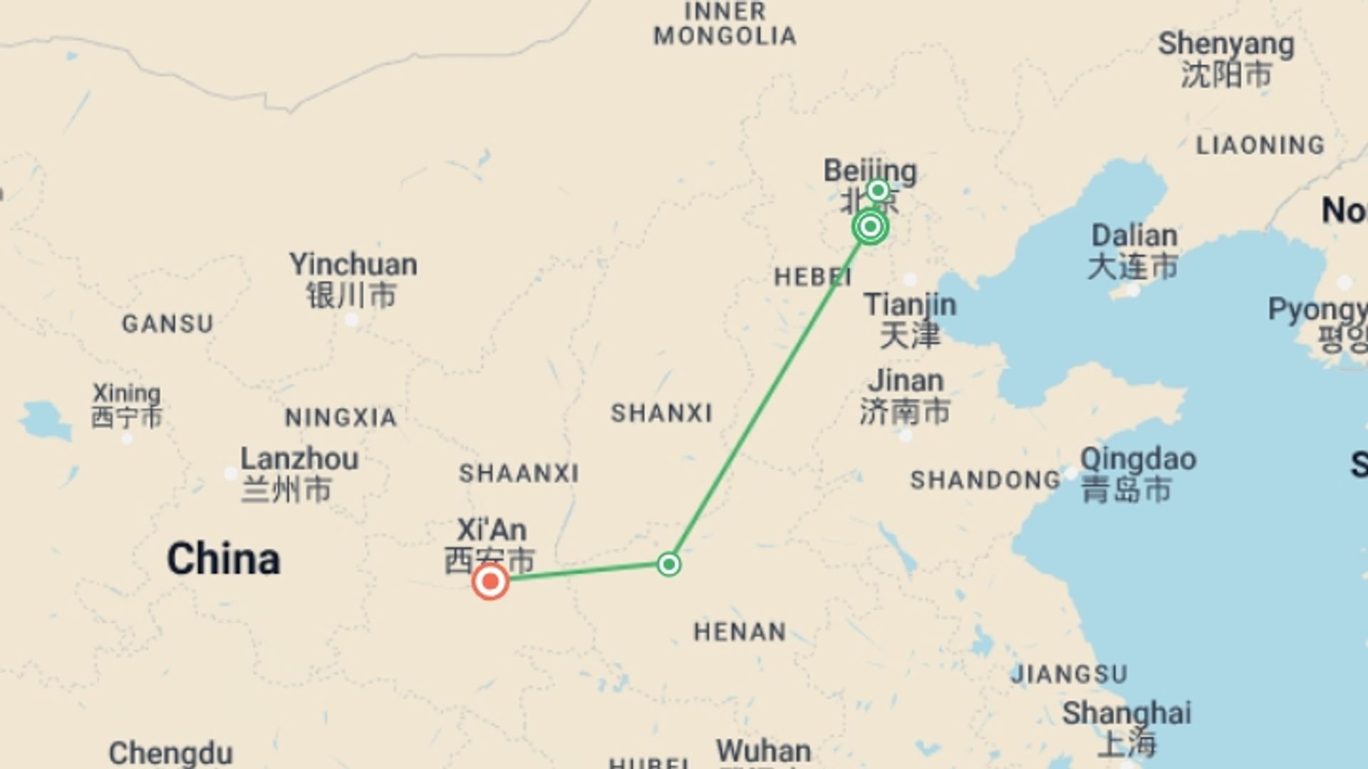A map showing the tour itinerary for the trip: China 7 Days Historical Tour: Beijing, Luoyang & Xian , starting in Beijing, China and ending in Xian, China going through 2 other destinations.