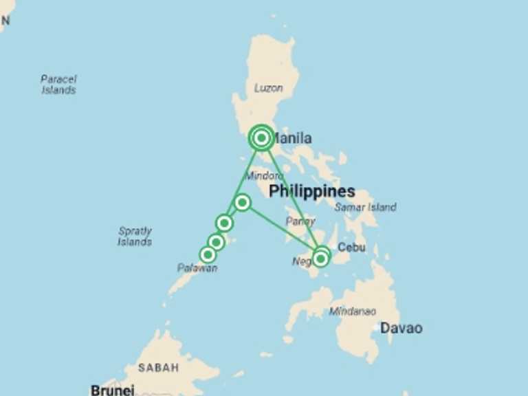 Map of a Explorer Tour with 7 destination visits for the trip: Philippines Island Explorer 17 day