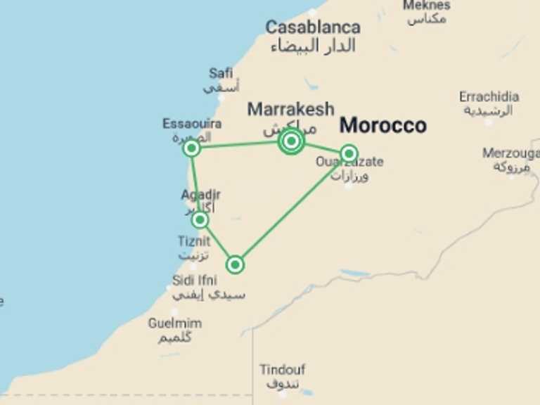 Map of 11-Day Marrakech Tour with 5 destination visits for the trip: Road Cycling Morocco: Atlas to Atlantic