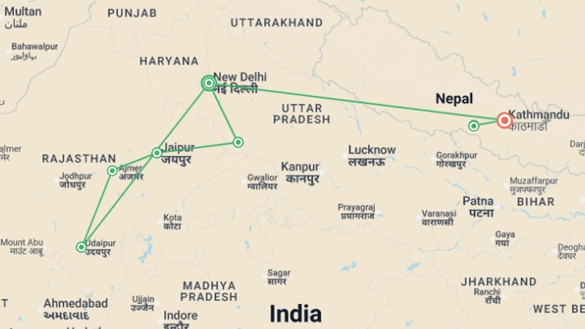 A map showing the tour itinerary for the trip: India & Nepal Uncovered - 14 days, starting in New Delhi, India and ending in Kathmandu, Nepal going through 6 other destinations.