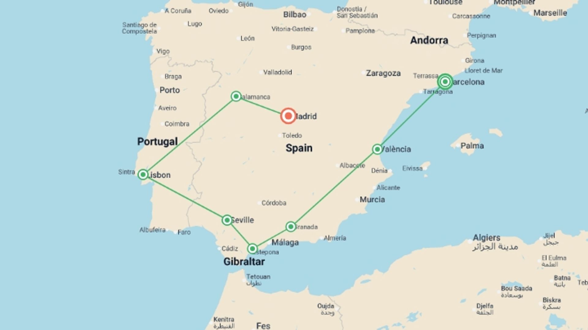 A map showing the tour itinerary for the trip: Iberian Explorer, starting in Barcelona, Spain and ending in Madrid, Spain going through 6 other destinations.