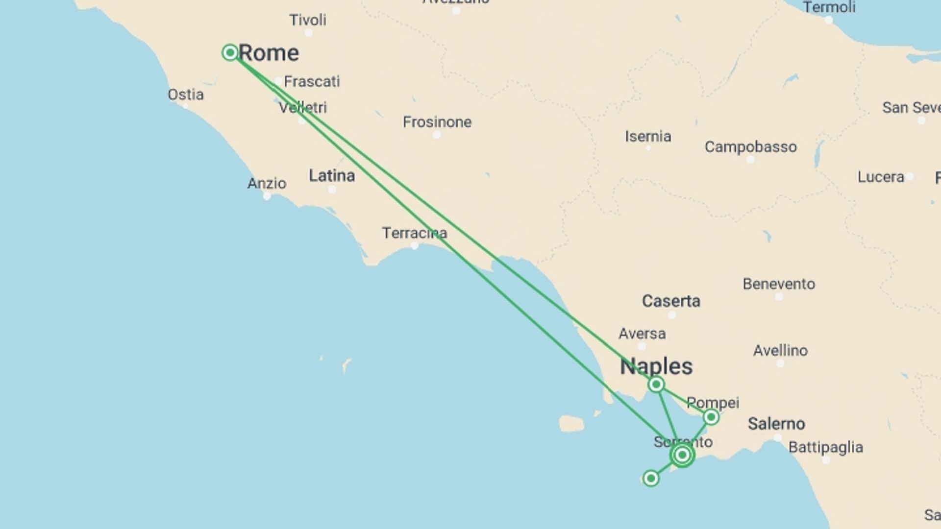 A map showing the tour itinerary for the trip: Sorrento Dream (on Request), starting in Sorrento, Italy and ending in Sorrento, Italy going through 1 other destinations.