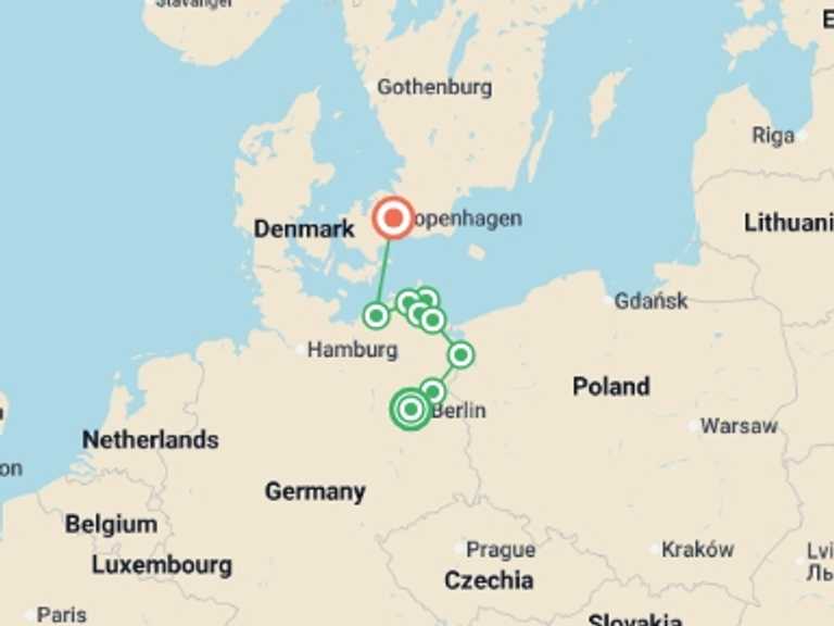 Map itinerary of Europe Tour in Spring with 7 destination visits for the trip: From Berlin to Copenhagen The Havel, the Oder and the Baltic sea (port-to-port cruise)
