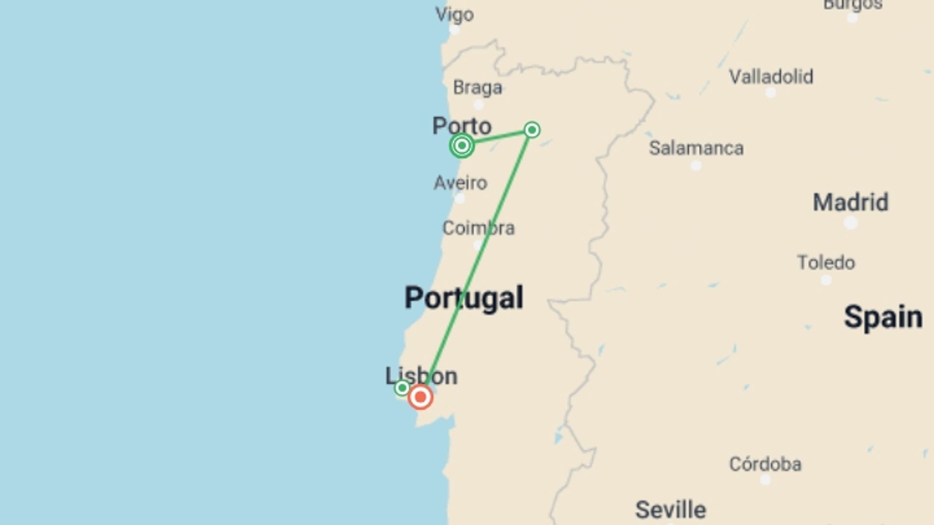 A map showing the tour itinerary for the trip: Highlights of Portugal, starting in Porto, Portugal and ending in Lisbon, Portugal going through 2 other destinations.