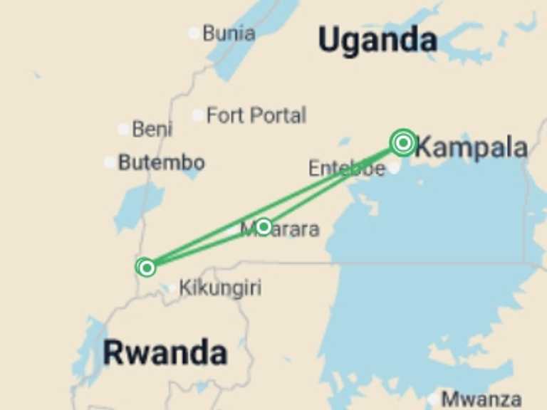 Map itinerary of Africa Tour in September 2026 with 4 destination visits for the trip: Uganda Gorilla Trek Independent Short Break
