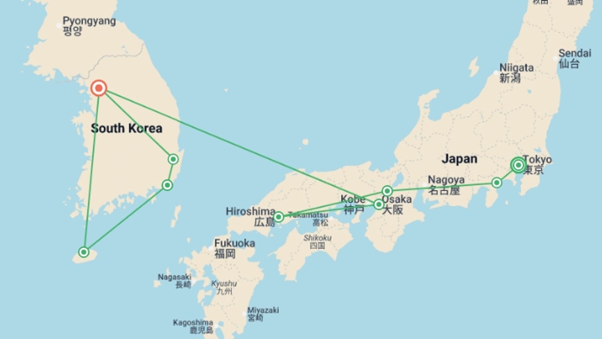A map showing the tour itinerary for the trip: Tokyo to Seoul & Jeju - 20 days, starting in Tokyo, Japan and ending in Seoul, South Korea going through 7 other destinations.