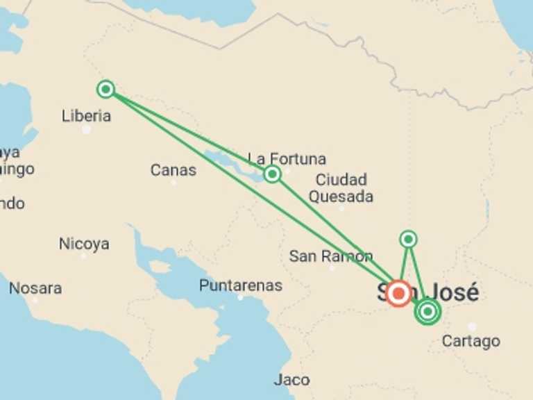 Map itinerary of Costa Rica Tour in June 2027 with 8 destination visits for the trip: Volcanoes Adventure