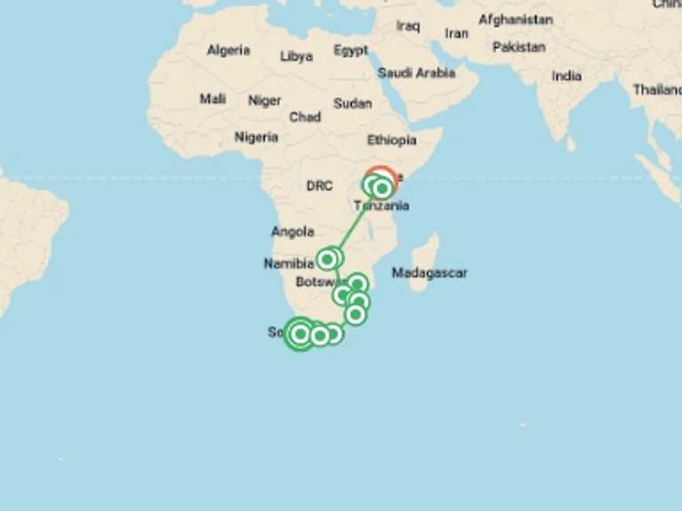 Map of Africa Tour with 15 destination visits for the trip: Ultimate African Expedition
