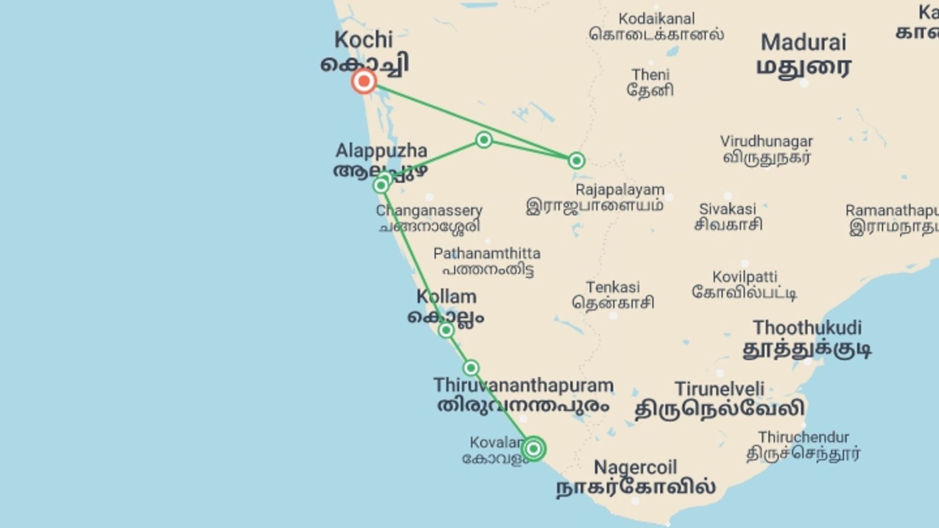 A map showing the tour itinerary for the trip: Cycle Kerala, starting in Kovalam, India and ending in Kochi, India going through 7 other destinations.