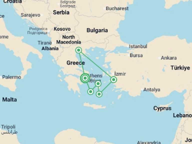 Map itinerary of Greece Tour in Fall with 6 destination visits for the trip: Aegean Odyssey from Athens - 9 days