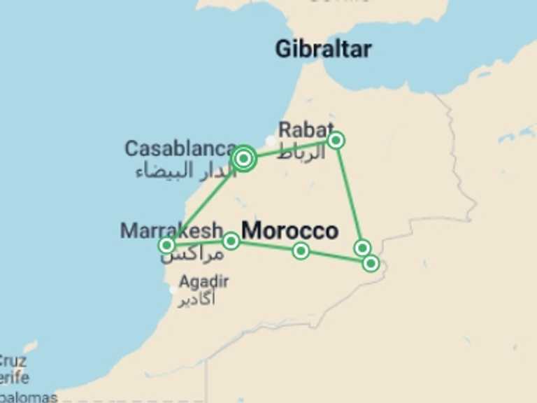 Map itinerary of Morocco Tour in Winter with 7 destination visits for the trip: Best of Morocco