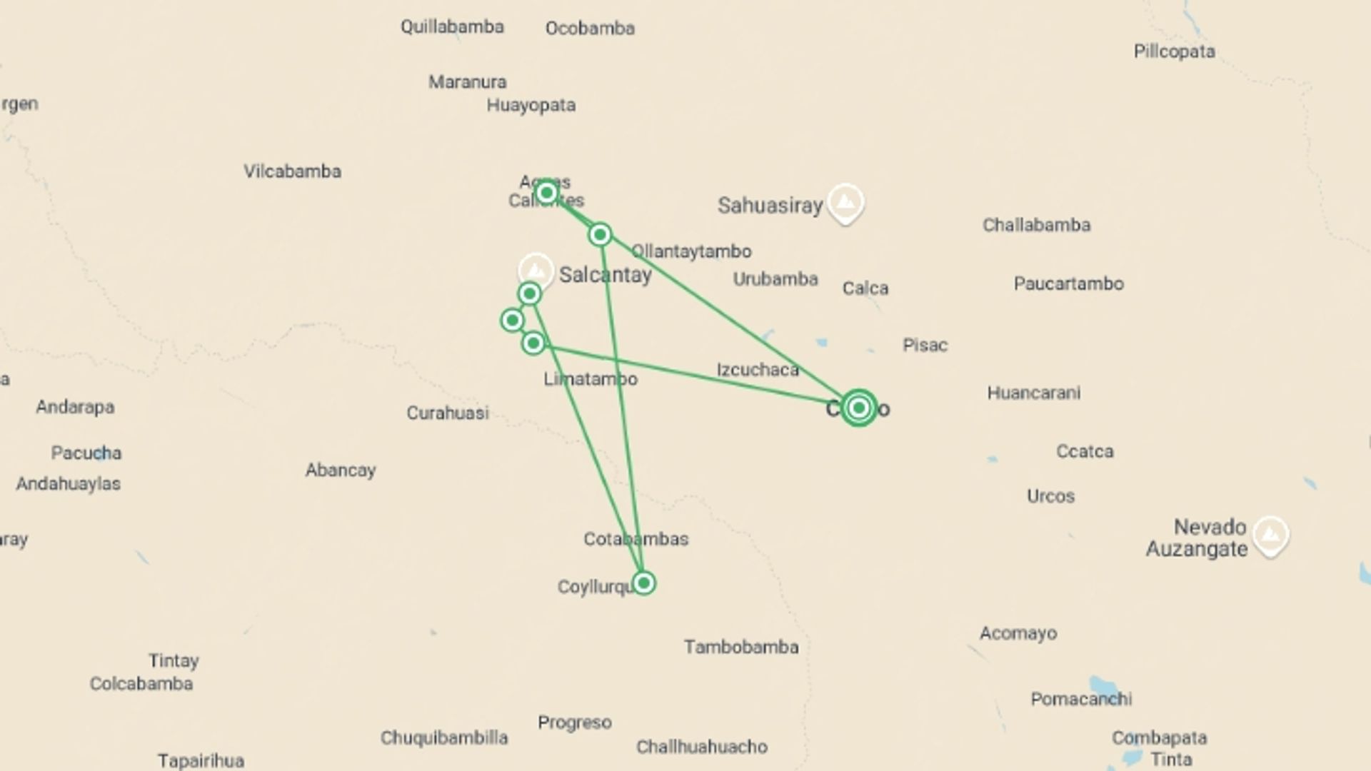 A map showing the tour itinerary for the trip: Ultimate Salkantay Trek to Machu Picchu 5 day, starting in Cusco, Peru and ending in Cusco, Peru going through 5 other destinations.