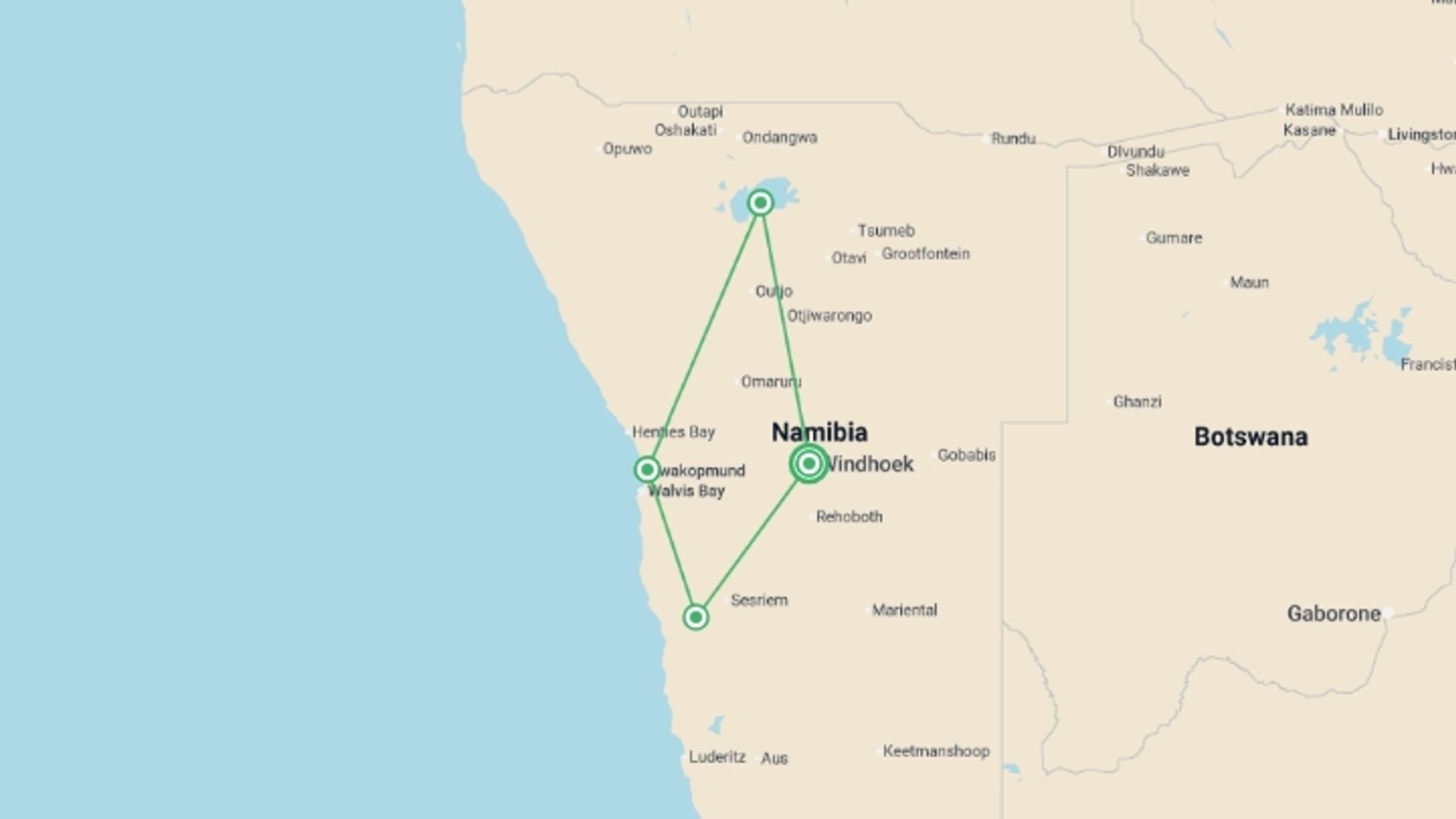 A map showing the tour itinerary for the trip: Nomadic Namibia Reunion 35 to 45, starting in Windhoek, Namibia and ending in Windhoek, Namibia going through 3 other destinations.