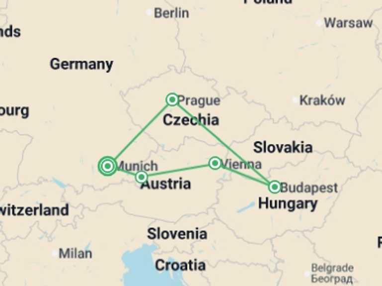 Map of Europe Natural landmarks sightseeing Tour with 5 destination visits for the trip: Imperial Europe