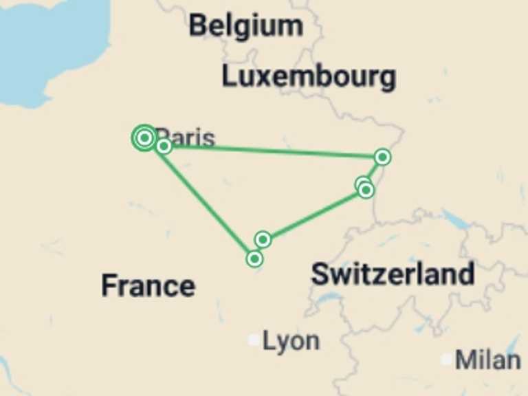 Map itinerary of Europe Tour in June 2026 with 3 destination visits for the trip: Charms of Burgundy and Alsace