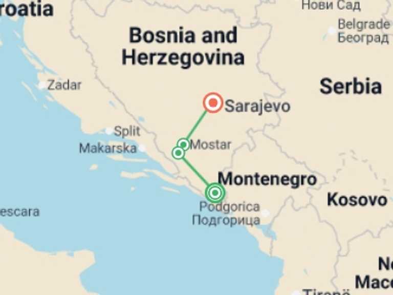 Map itinerary of Mediterranean Tour in July 2026 with 4 destination visits for the trip: Bosnia & Herzegovina Uncovered