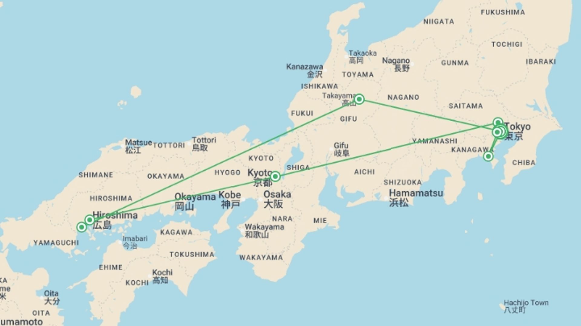A map showing the tour itinerary for the trip: Tokyo to Takayama - 13 days, starting in Tokyo, Japan and ending in Tokyo, Japan going through 7 other destinations.