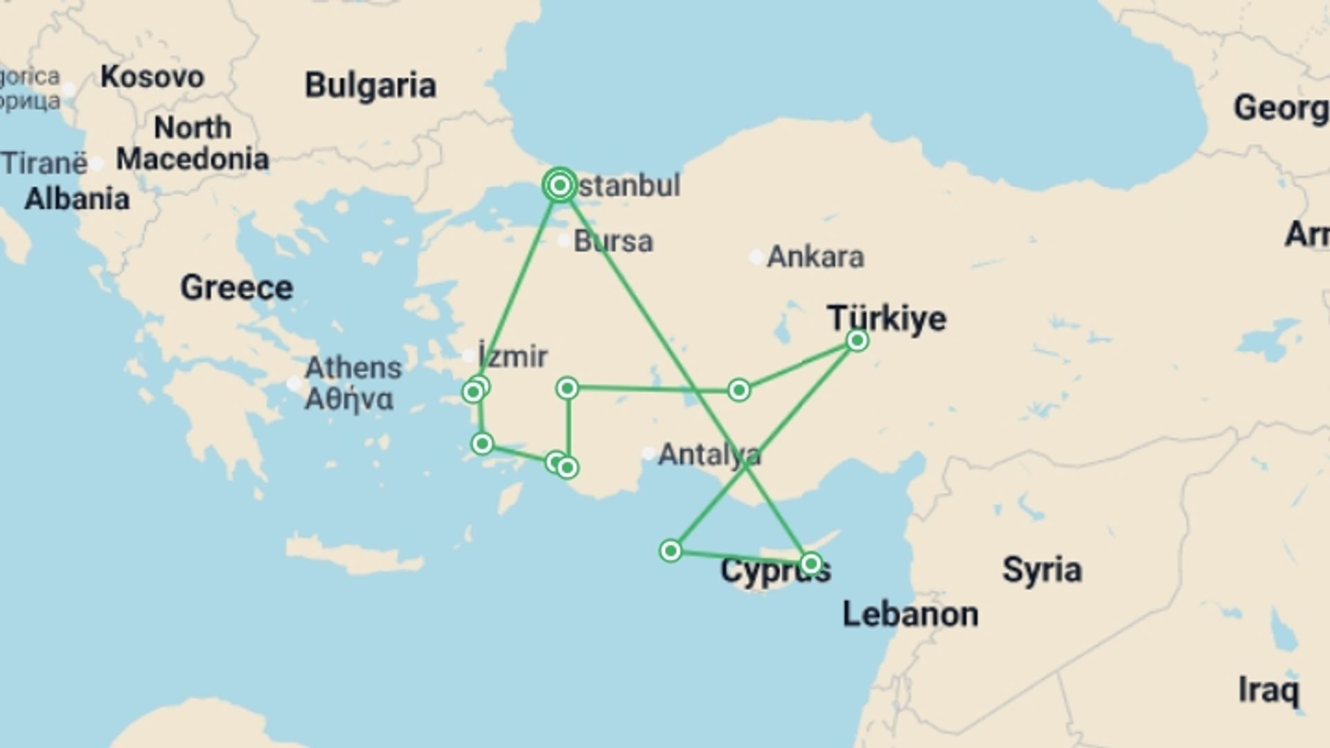 A map showing the tour itinerary for the trip: Wonders of Turkey with Cyprus Sun, starting in Istanbul, Turkey and ending in Istanbul, Turkey going through 10 other destinations.