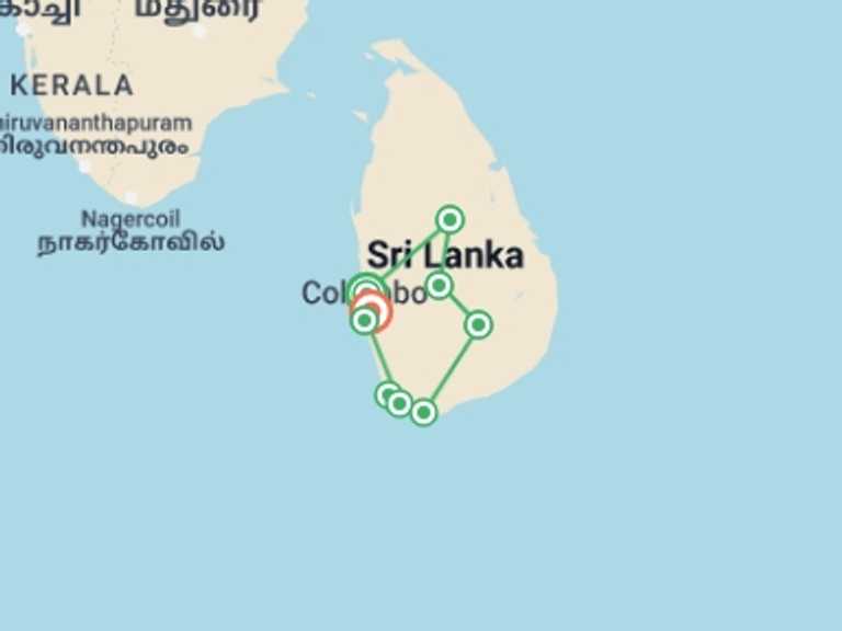 Map of a Natural landmarks sightseeing Tour with 11 destination visits for the trip: Sri Lanka - 12 Day Adventure Tour