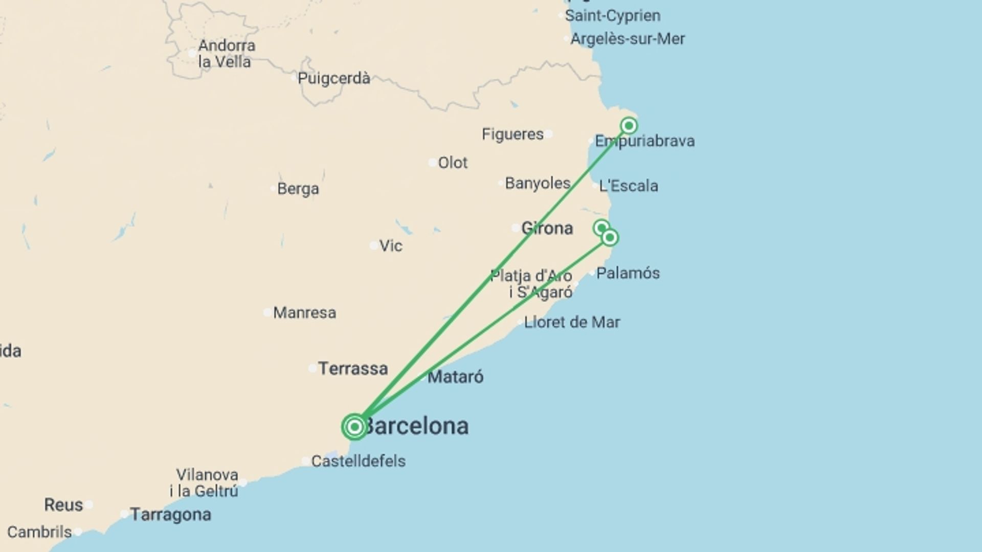 A map showing the tour itinerary for the trip: Coastal Walks of Catalunya, starting in Barcelona, Spain and ending in Begur, Spain going through 2 other destinations.