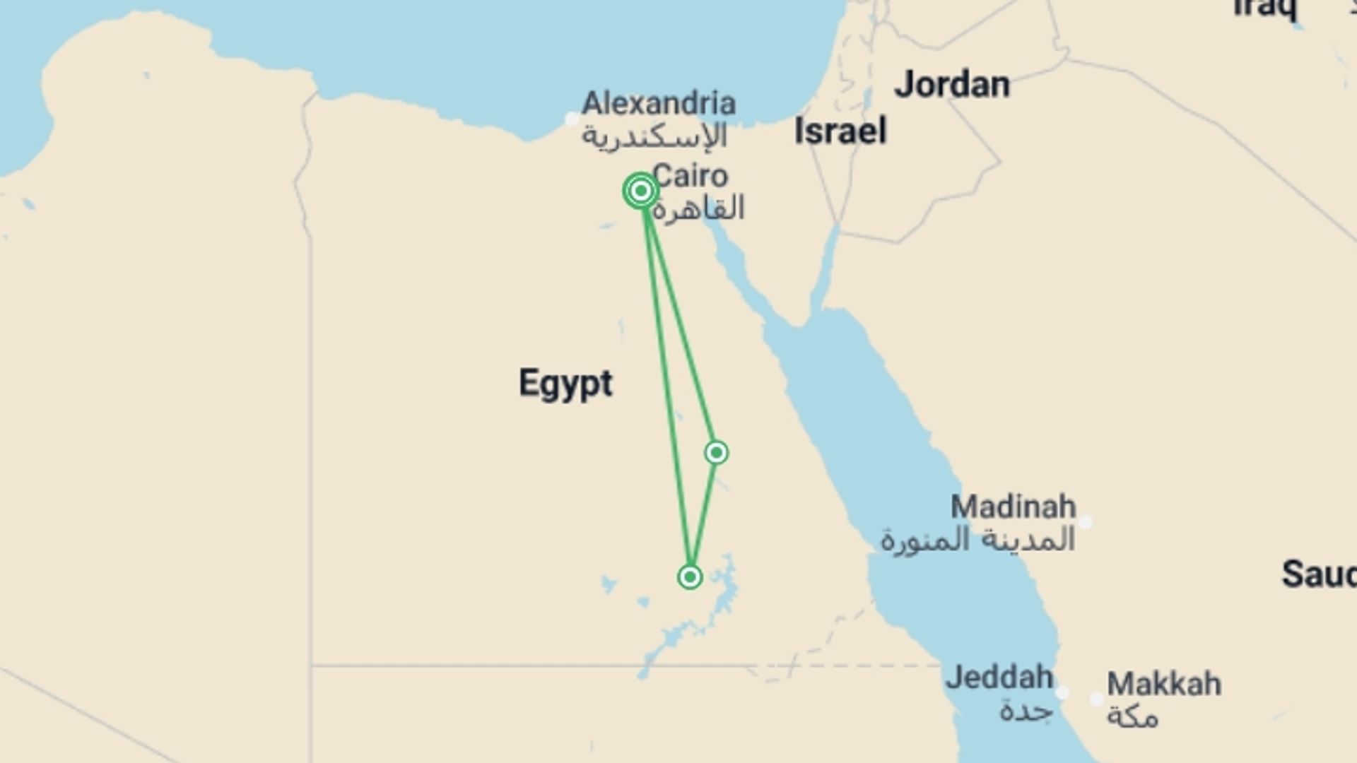 A map showing the tour itinerary for the trip: Jewels of the Nile  (5 & 4 Star Hotels), starting in Cairo, Egypt and ending in Cairo, Egypt going through 2 other destinations.
