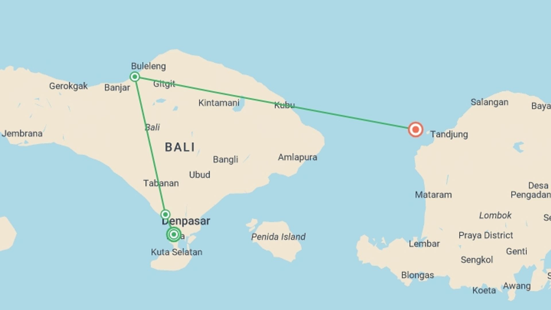 A map showing the tour itinerary for the trip: Bali Intro 9 day, starting in Kuta, Indonesia and ending in Gili Trawangan, Indonesia going through 2 other destinations.