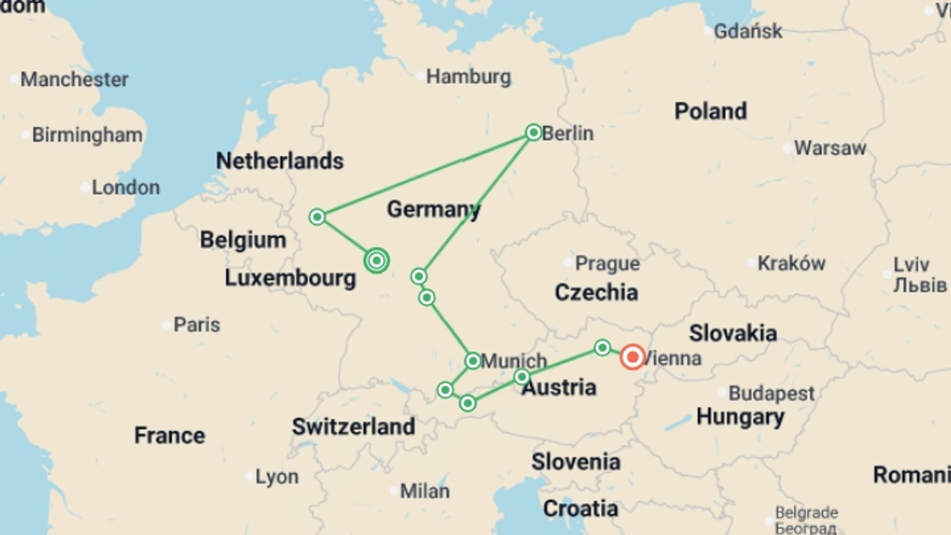 A map showing the tour itinerary for the trip: Best of Germany and Austria, starting in Frankfurt, Germany and ending in Vienna, Austria going through 6 other destinations.