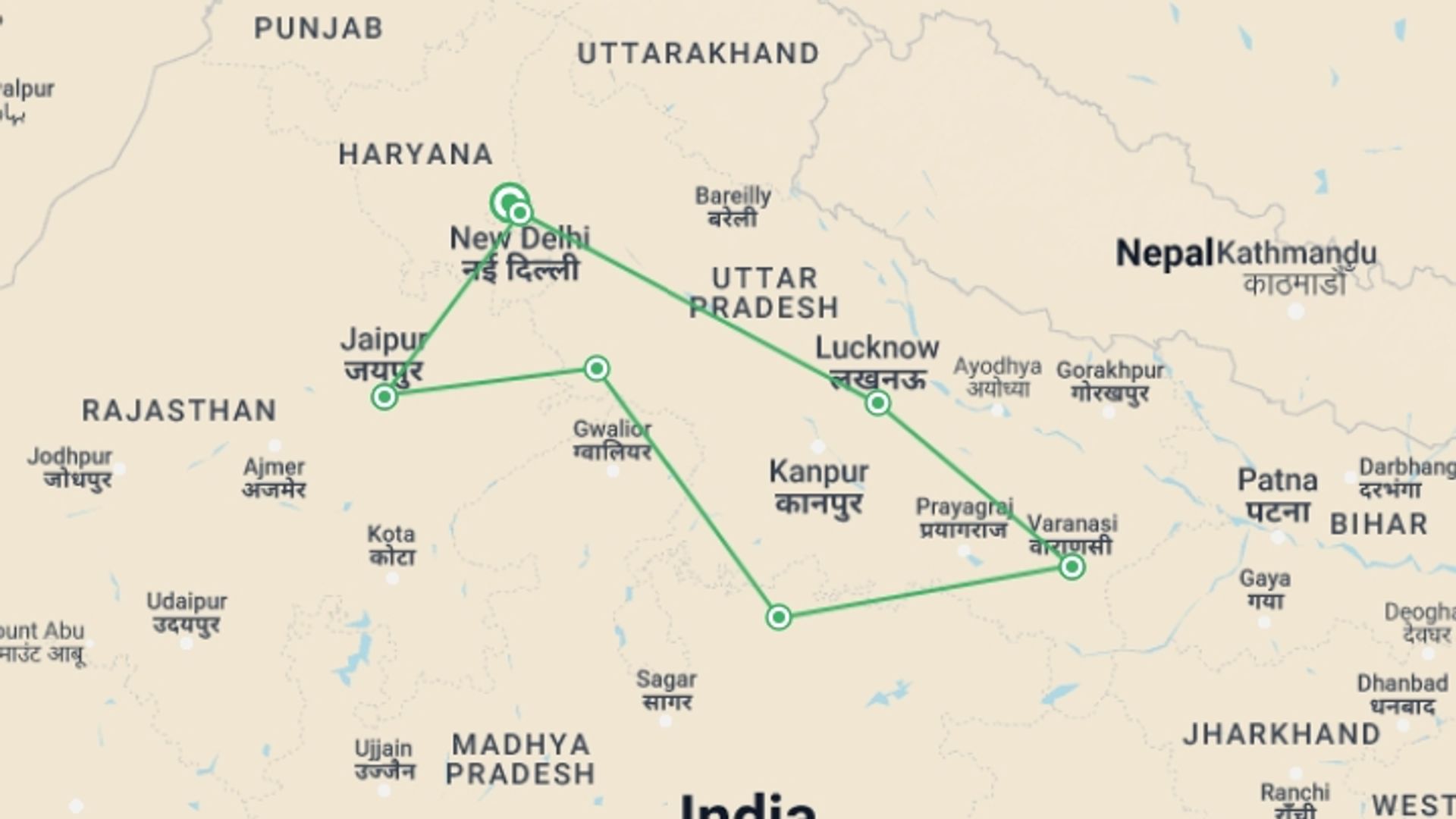 A map showing the tour itinerary for the trip: Premium India Small Group Tour, starting in Delhi & Golden Triangle, India and ending in Delhi & Golden Triangle, India going through 6 other destinations.