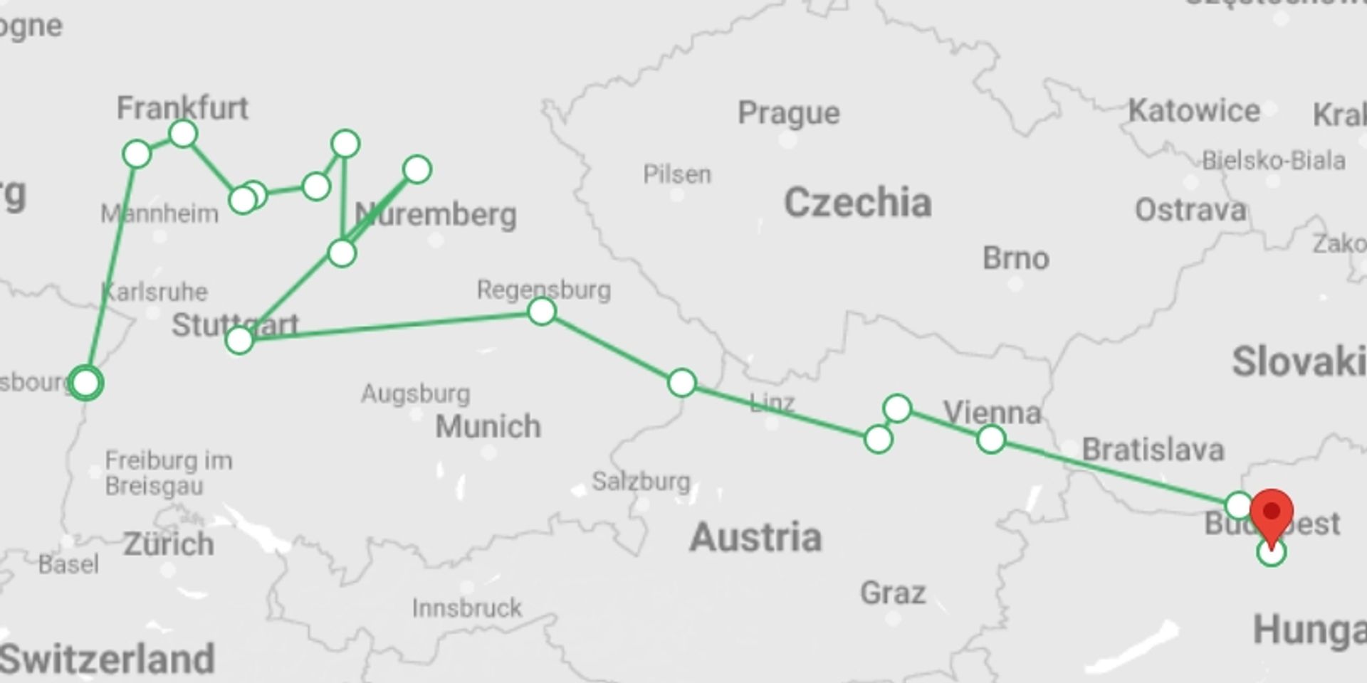 A map showing the tour itinerary for the trip: Trans-European cruise from Strasbourg to Budapest (port-to-port cruise), starting in Strasbourg, France and ending in Budapest, Hungary going through 3 other destinations.