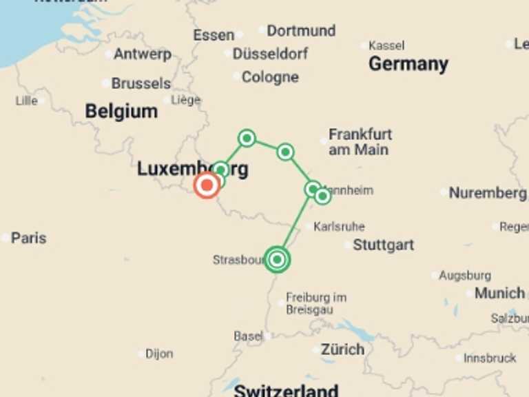Map of Europe Tour with 4 destination visits for the trip: 4 Rivers: The Neckar, Romantic Rhine, Moselle, and Sarre Valleys (port-to-port cruise)