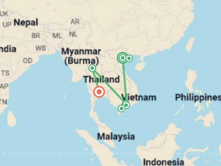 Map of Hanoi Local boat rides Tour with 8 destination visits for the trip: Heart of Vietnam and Thailand 10 Days- Hanoi/ Chiang Mai
