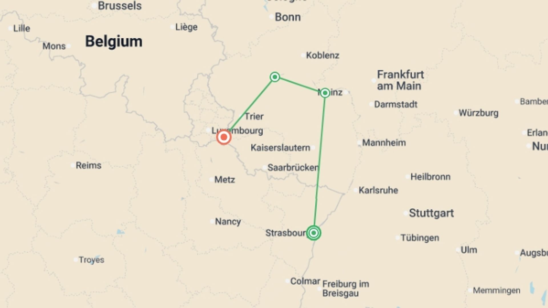 A map showing the tour itinerary for the trip: 4 Rivers: The Neckar, Romantic Rhine, Moselle, and Sarre Valleys (port-to-port cruise), starting in Strasbourg, France and ending in Remich, Luxembourg going through 2 other destinations.