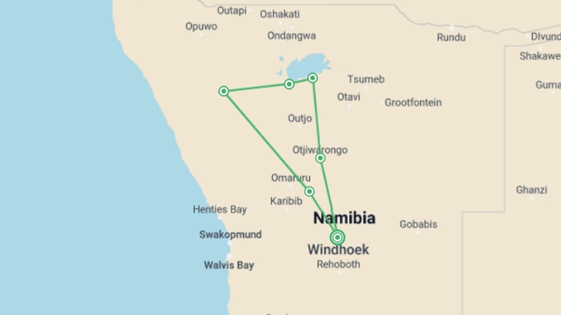 A map showing the tour itinerary for the trip: 9 Day Etosha & Private Reserve Game Viewing Self-Drive , starting in Windhoek, Namibia and ending in Windhoek, Namibia going through 6 other destinations.