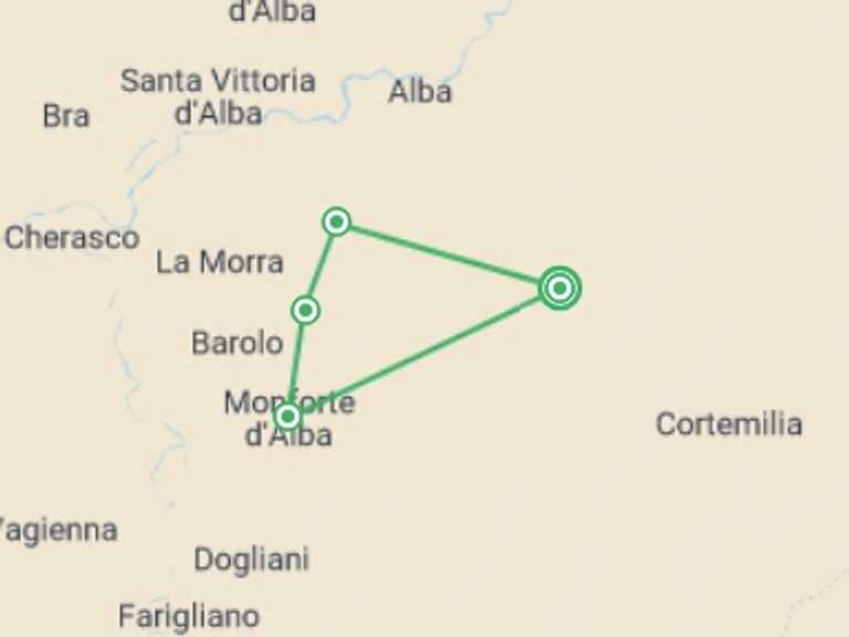 Map of Europe Trekking and Hiking Tour with 4 destination visits for the trip: Gastronomic Barolo Walk