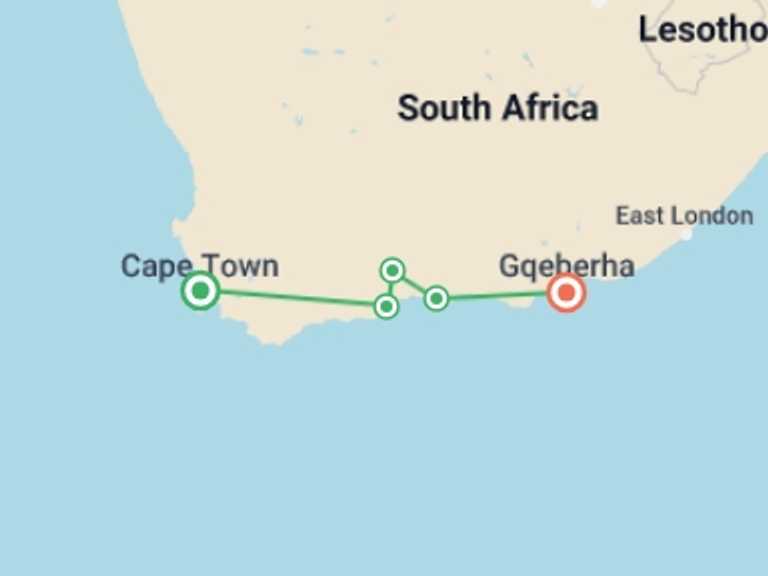 Map itinerary of Cape Town Tour in December 2025 with 5 destination visits for the trip: 4-day Garden Route to Port Elizabeth Accommodated