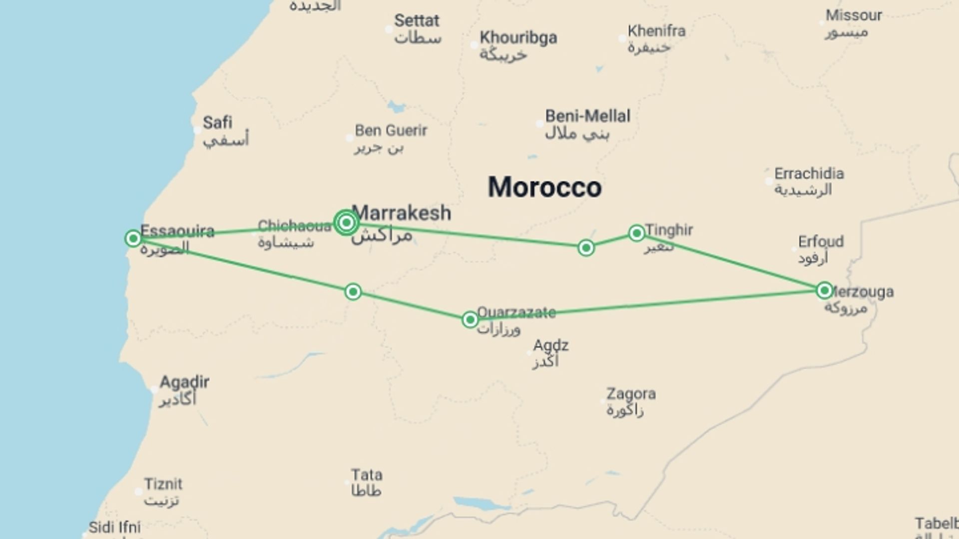 A map showing the tour itinerary for the trip: Morocco Youth Adventure - 11 days, starting in Marrakech, Morocco and ending in Marrakech, Morocco going through 5 other destinations.