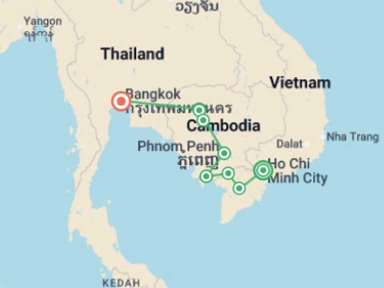 Map of a Cultural, religious and historic sites Tour with 8 destination visits for the trip: Southeast Asia Explorer