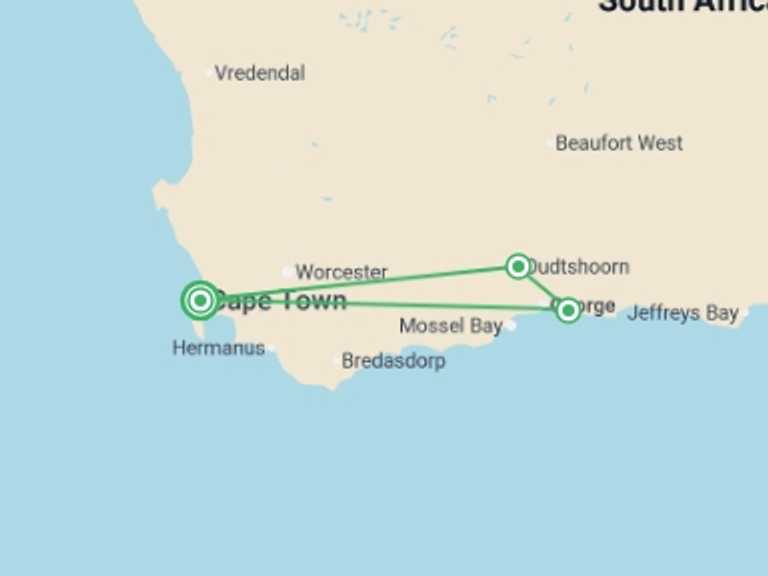 Map of Cape Town Adventure Tour with 3 destination visits for the trip: Garden Route Experience 3D/2N