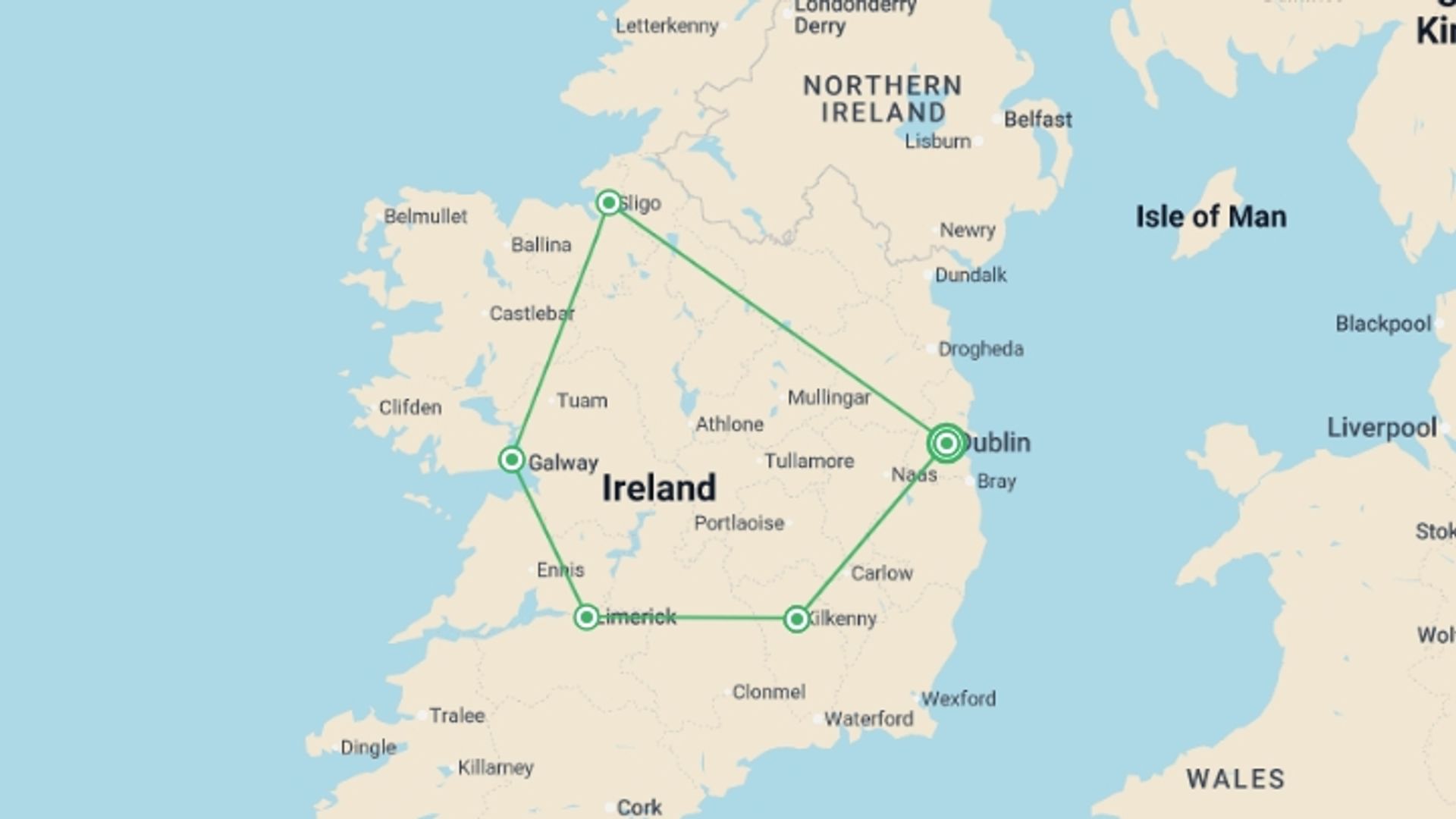 A map showing the tour itinerary for the trip: Best of Ireland - Signature, starting in Dublin, Ireland and ending in Dublin, Ireland going through 4 other destinations.
